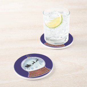 Festive Vintage Santa Sleigh & Reindeer Snow Globe Coaster