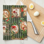 Festive Vintage Santas in Ornate Frames w/Holly  Tea Towel<br><div class="desc">Fun,  festive and colourful seamless Christmas composition featuring jolly vintage Santas in red robes in elaborately carved gilt frames,  embellished by boughs of holly,  on distressed light and dark hunter green striped background. Pattern can be scaled up or down.</div>