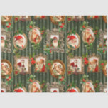 Festive Vintage Santas in Ornate Frames w/Holly Tissue Paper<br><div class="desc">Fun,  festive and colourful seamless Christmas composition featuring jolly vintage Santas in red robes in elaborately carved gilt frames,  embellished by boughs of holly,  on distressed light and dark hunter green striped background. Pattern can be scaled up or down. Suitable for Christmas decoupage or craft projects.</div>