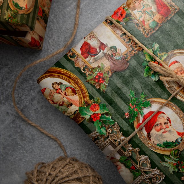 Festive Vintage Santas in Ornate Frames w/Holly Wrapping Paper (Creator Uploaded)