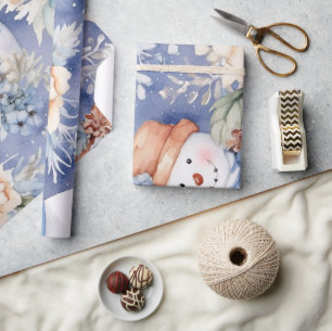 Festive Vintage Snowman & Christmas Florals Wrapping Paper