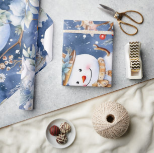 Festive Vintage Snowman & Christmas Florals Wrapping Paper