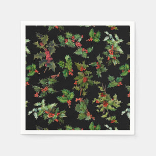 Festive Vintage Style Holly-Black Background Napkin