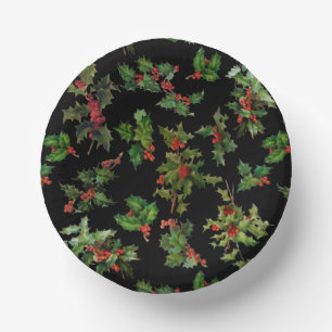 Festive Vintage Style Holly-Black Background Paper Plate