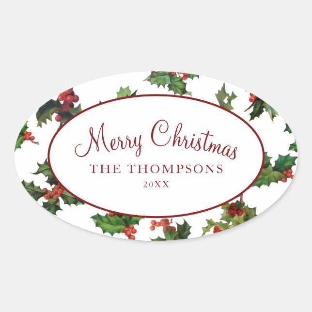 Festive Vintage Style Holly Oval Sticker (Front)