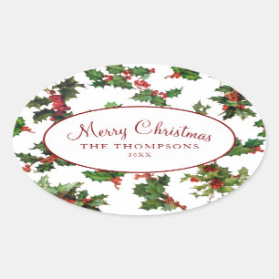Festive Vintage Style Holly Oval Sticker