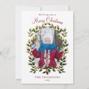 Festive Vintage Style Holly Photo Holiday Card