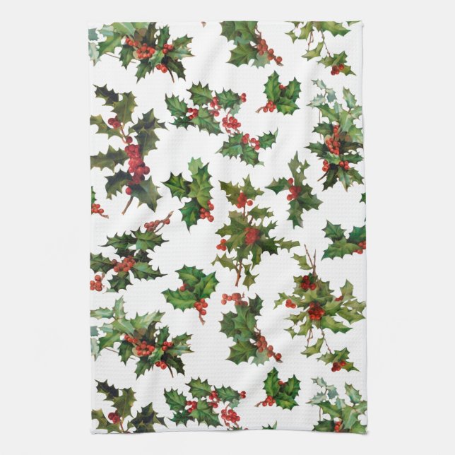 Festive Vintage Style Holly Tea Towel (Vertical)