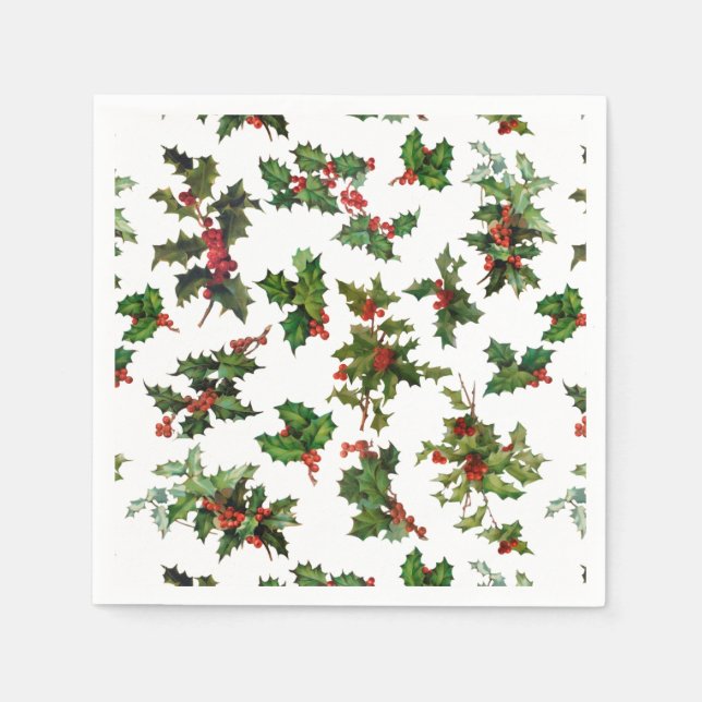 Festive Vintage Style Holly-White Background Napkin (Front)