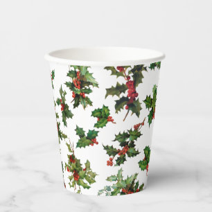 Festive Vintage Style Holly-White Background Paper Cups