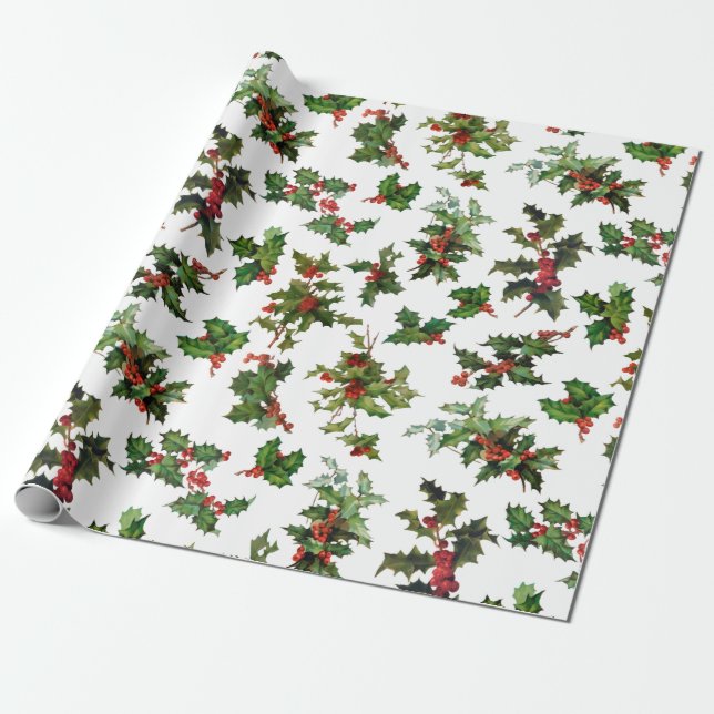 Festive Vintage Style Holly Wrapping Paper (Unrolled)