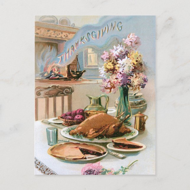 Festive Vintage Thanksgiving Turkey Dinner Postcard (Front)