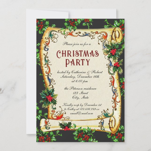 Festive Vintage Victorian Christmas Party Scroll Invitation (Front)