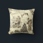 Festive Vintage Victorian Christmas Santa Beige Cushion<br><div class="desc">Victorian era Christmas: Father Christmas in old brown robe with toys, angels singing, bells decorated with holly and mistletoe, Santa playing the piano, Christmas tree, typographic Christmas Greeting and Merry Christmas, oak branch, holly berries and evergreens, old sheet music, old handwritten script, old stamp and postcard, for the lover of...</div>
