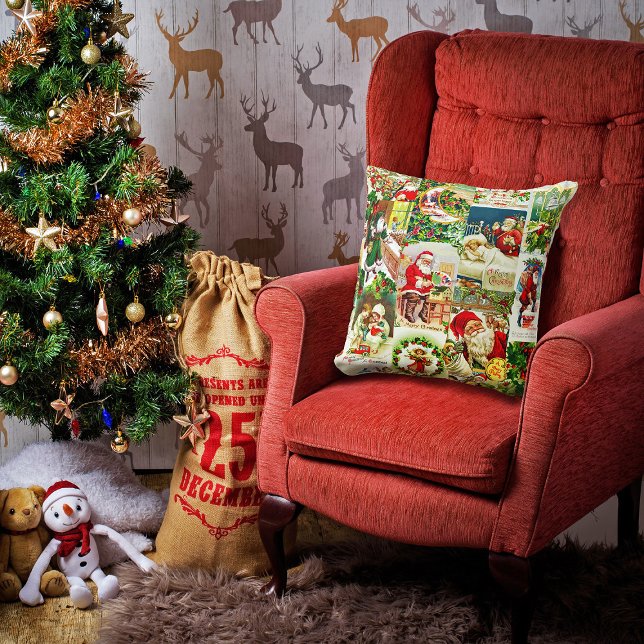 Festive Vintage Victorian Christmas Santa Collage Cushion (https://pixabay.com/photos/christmas-room-chair-stocking-tree-3836693/)