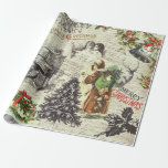 Festive Vintage Victorian Christmas Santa  Wrapping Paper<br><div class="desc">Victorian era Christmas: Father Christmas in old brown robe with toys, angels singing, bells decorated with holly and mistletoe, Santa playing the piano, Christmas tree, typographic Christmas Greeting and Merry Christmas, oak branch, holly berries and evergreens, old sheet music, old handwritten script, old stamp and postcard, perfect for the holidays...</div>