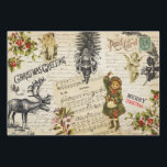 Festive Vintage Victorian Christmas Wrapping Paper Sheet<br><div class="desc">Victorian era Christmas: Santa Claus with Christmas tree and toys, Reindeer, Christmas tree, typographic Christmas Greeting and Merry Christmas, angel cherubs, oak branch, white hare in woodland, christmas rose flower, girl with holly, music notes, old sheet music, old handwritten script, old stamp and postcard, perfect for the holidays gift wrap...</div>