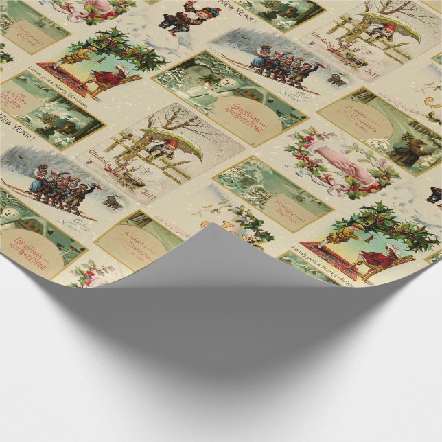 Festive Vintage Winter Christmas Ephemera Collage Wrapping Paper (Corner)