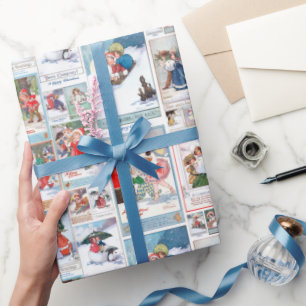 Festive Vintage Winter Fun Christmas Card Collage Wrapping Paper