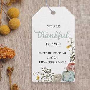 Festive Watercolor Blue Pumpkins Thankful for You Gift Tags