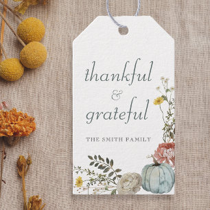 Festive Watercolor Blue Pumpkins Thankful Grateful Gift Tags