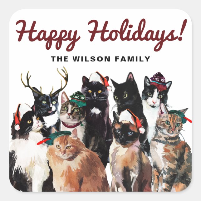 Festive Watercolor Cats Clowder Happy Holidays Square Sticker (Front)