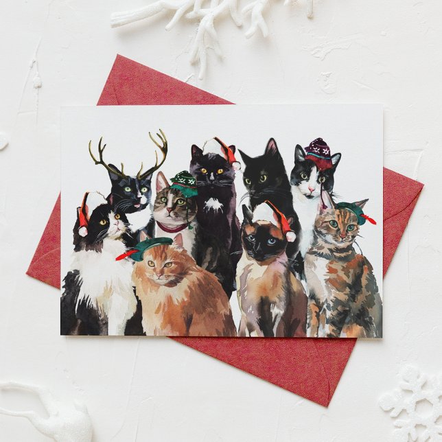 Festive Watercolor Cats with Santa Hats Christmas Holiday Postcard (Creator Uploaded)