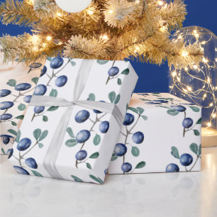 Festive Watercolor Christmas Blue Berries Wrapping Paper