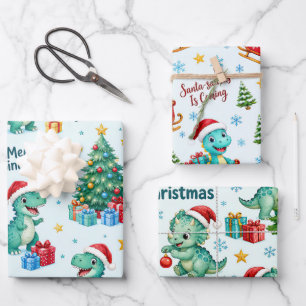 Festive Watercolor Christmas Dinosaurs Wrapping Paper Sheet