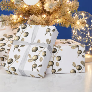 Festive Watercolor Christmas Gold Beige Berries Wrapping Paper