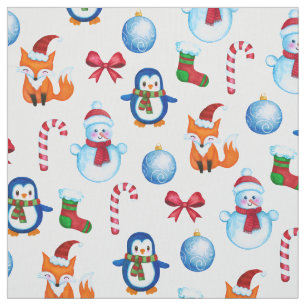 Festive Watercolor Christmas Illustration Pattern Fabric