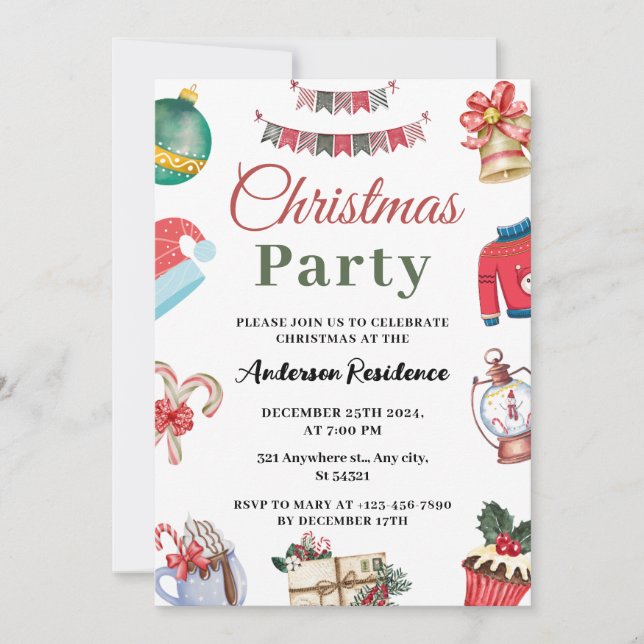 Festive Watercolor Christmas Party Invitation (Front)