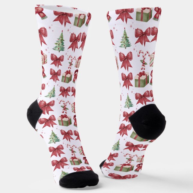 Festive Watercolor Christmas Pattern Crew Socks (Angled)