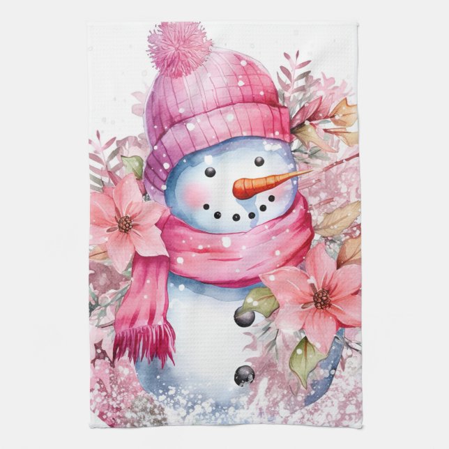 Festive watercolor Christmas pink snowman  Tea Towel (Vertical)