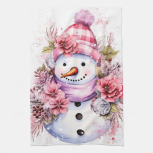 Festive watercolor Christmas pink snowman Tea Towel