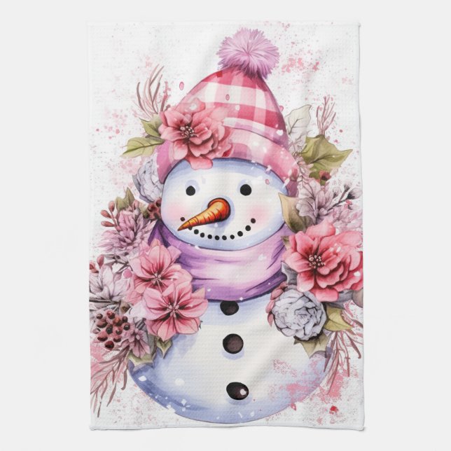 Festive watercolor Christmas pink snowman Tea Towel (Vertical)