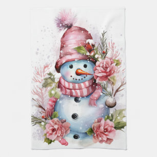 Festive watercolor Christmas pink snowman  Tea Towel