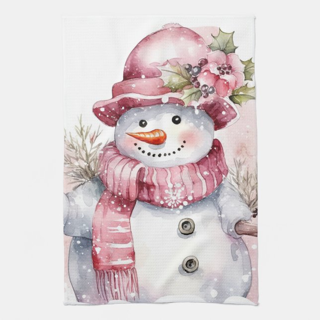 Festive watercolor Christmas pink snowman Tea Towel (Vertical)