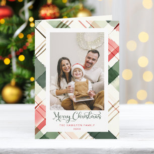 Festive Watercolor Christmas Plaid Photo Holiday Card