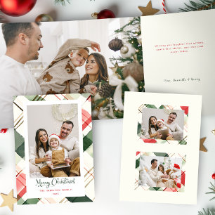 Festive Watercolor Christmas Plaid Photo Tri-Fold Card