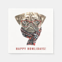 Festive Watercolor Christmas Pug Happy Howlidays