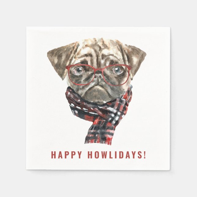 Festive Watercolor Christmas Pug Happy Howlidays Napkin (Front)