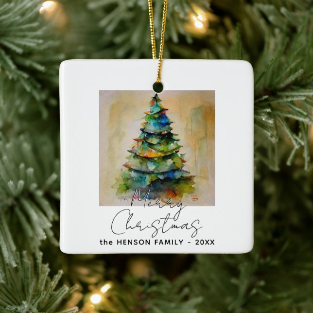 Festive Watercolor Christmas Tree Artistic Drawing Ceramic Ornament (Tree)