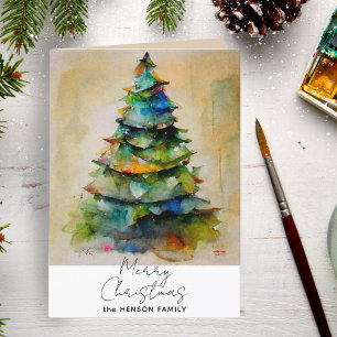 Festive Watercolor Christmas Tree Artistic Drawing Holiday Card