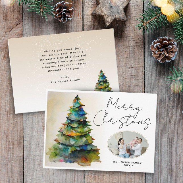 Festive Watercolor Christmas Tree Artistic Photo  Holiday Card (Creator Uploaded)