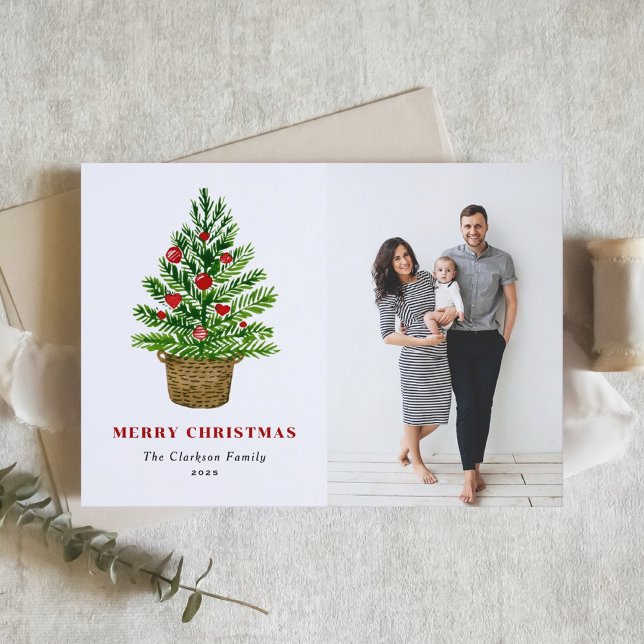 Festive Watercolor Christmas Tree Christmas Photo Holiday Card (Creator Uploaded)