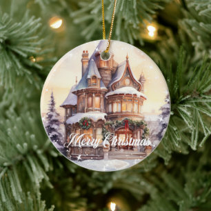 Festive watercolor Christmas vintage house winter Ceramic Tree Decoration