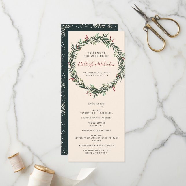 Festive Watercolor Christmas Wreath Wedding Programme (Front/Back In Situ)