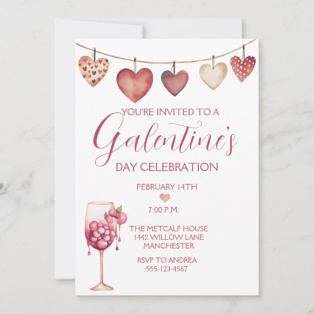 Festive Watercolor Cocktail Galentine's Day  Invitation (Front)