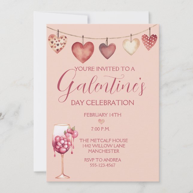 Festive Watercolor Cocktail Galentine's Day Pink Invitation (Front)